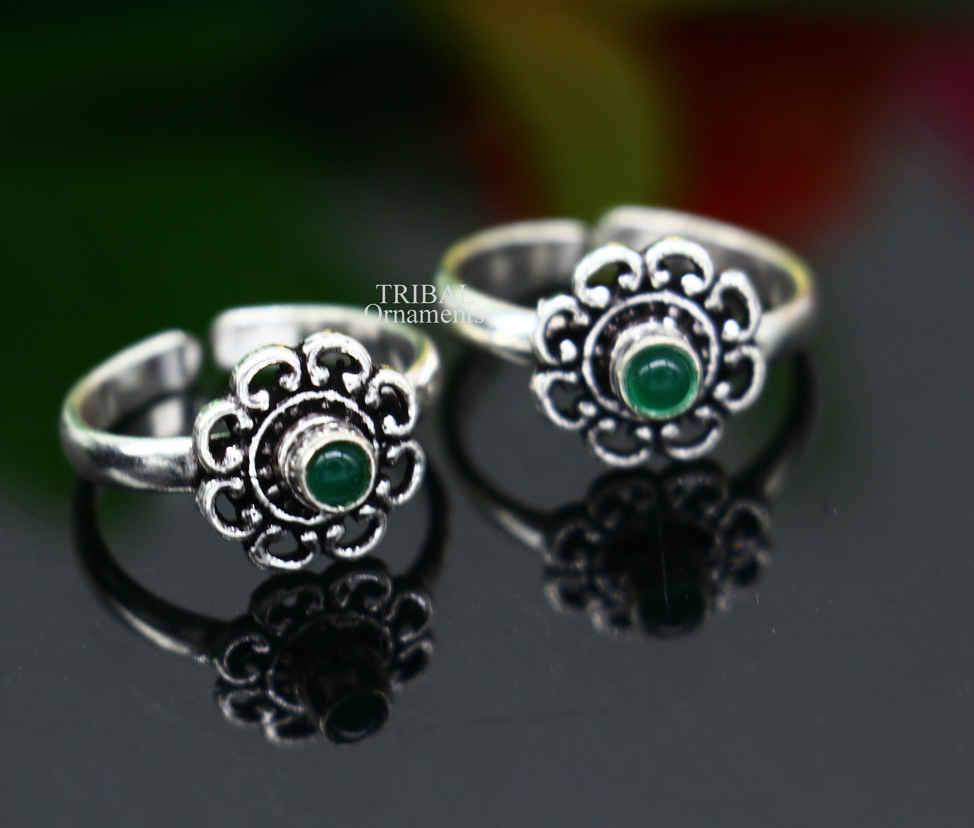 925 sterling silver handmade fabulous tiny toe ring band green stone tribal belly dance vintage style ethnic jewelry from India toer145 - TRIBAL ORNAMENTS