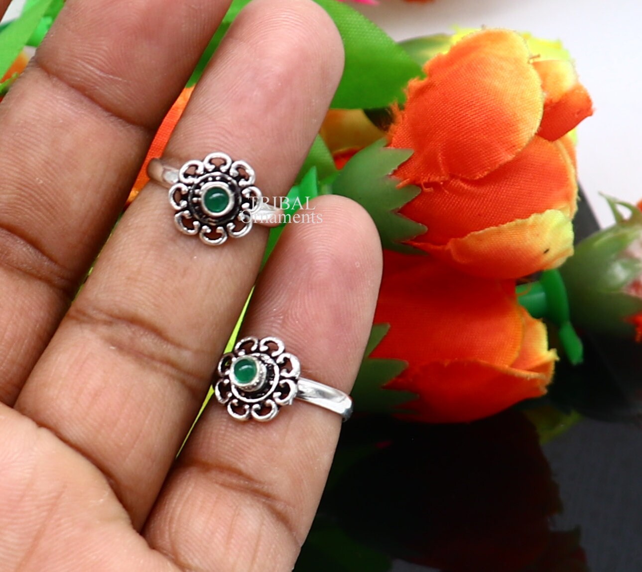 925 sterling silver handmade fabulous tiny toe ring band green stone tribal belly dance vintage style ethnic jewelry from India toer145 - TRIBAL ORNAMENTS
