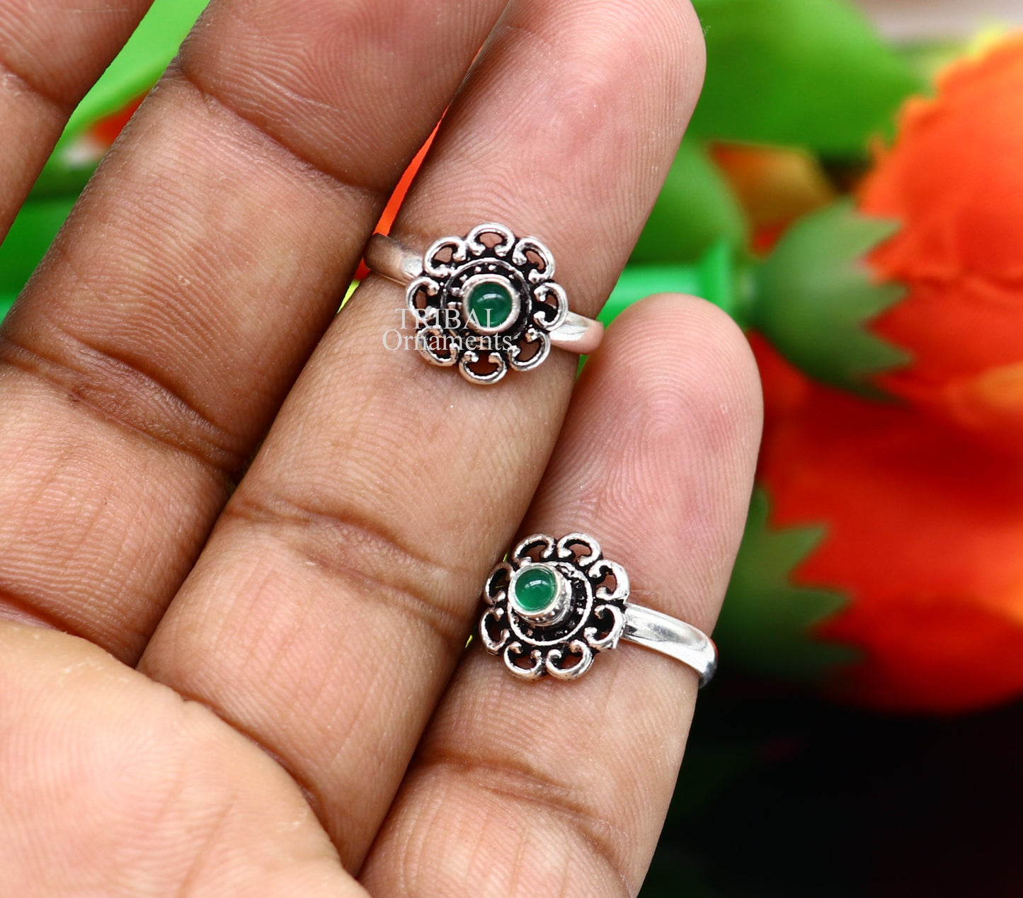 925 sterling silver handmade fabulous tiny toe ring band green stone tribal belly dance vintage style ethnic jewelry from India toer145 - TRIBAL ORNAMENTS