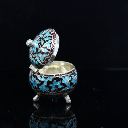 925 Sterling silver handmade fabulous trinket box, Silver container box, casket box, sindoor box, enamel work customized gifting box stb834 - TRIBAL ORNAMENTS
