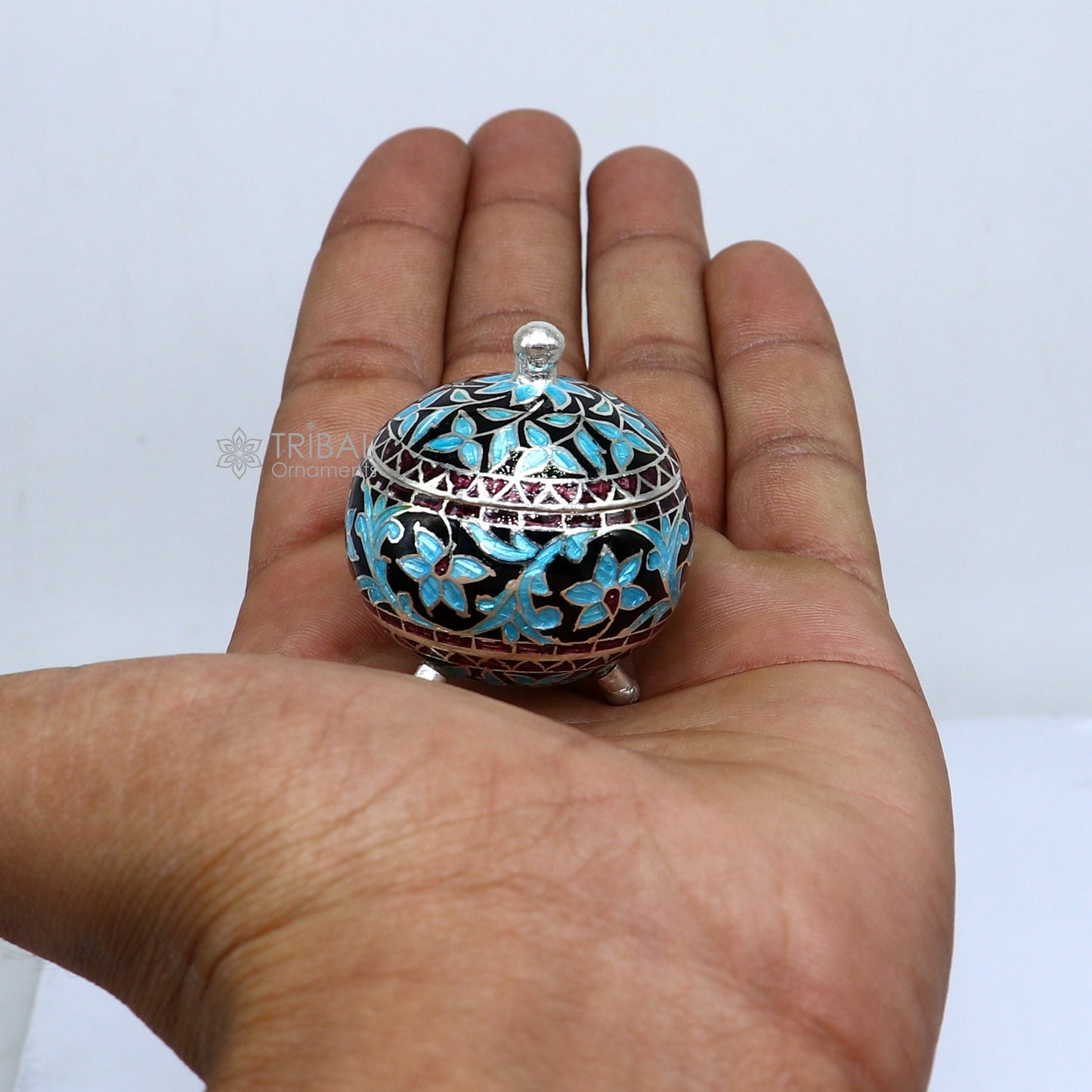 925 Sterling silver handmade fabulous trinket box, Silver container box, casket box, sindoor box, enamel work customized gifting box stb834 - TRIBAL ORNAMENTS