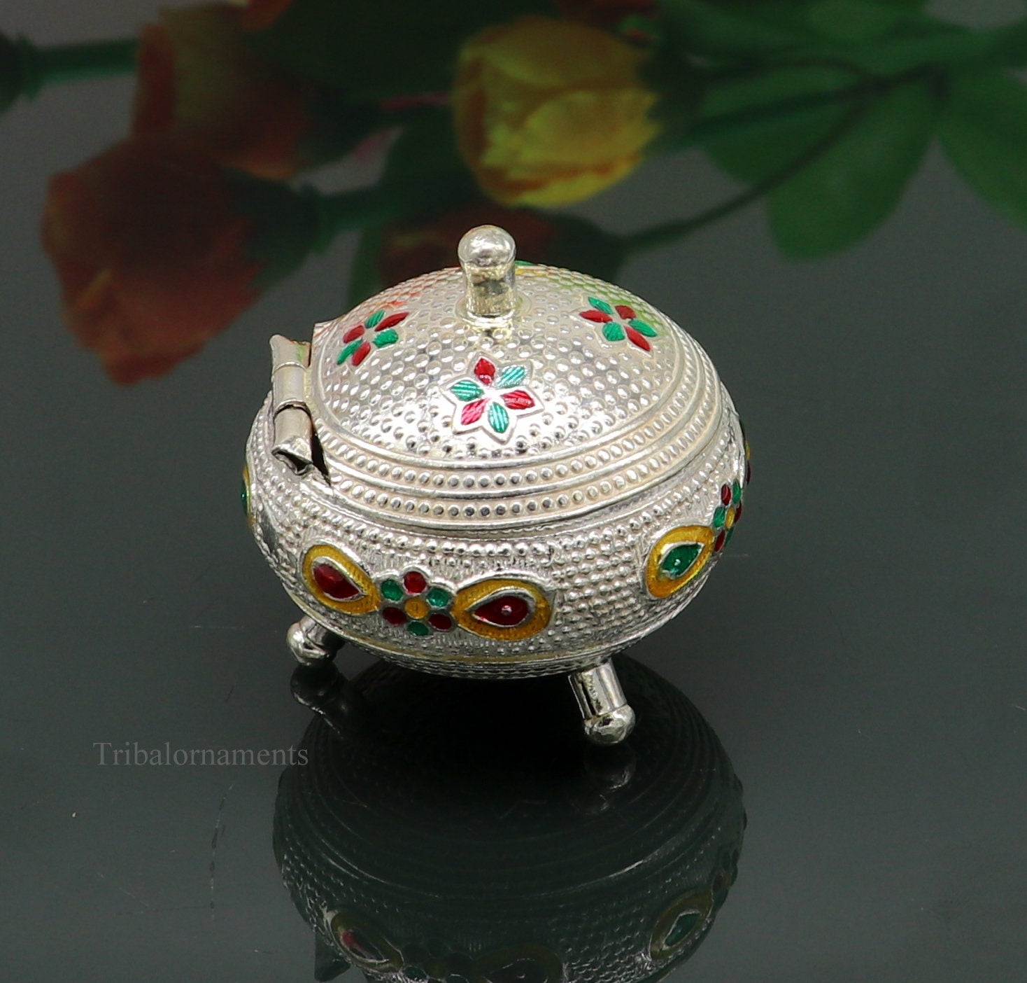 925 Sterling silver handmade fabulous trinket box, solid container box, casket box, sindoor box, enamel work customized gifting box stb186 - TRIBAL ORNAMENTS