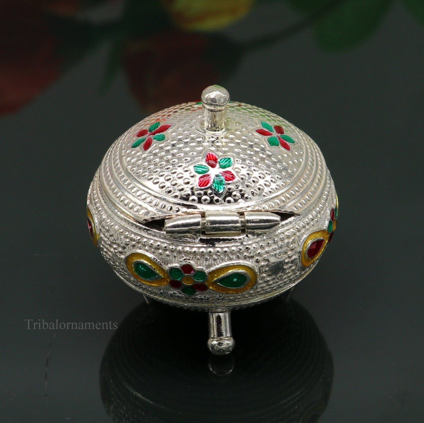 925 Sterling silver handmade fabulous trinket box, solid container box, casket box, sindoor box, enamel work customized gifting box stb186 - TRIBAL ORNAMENTS