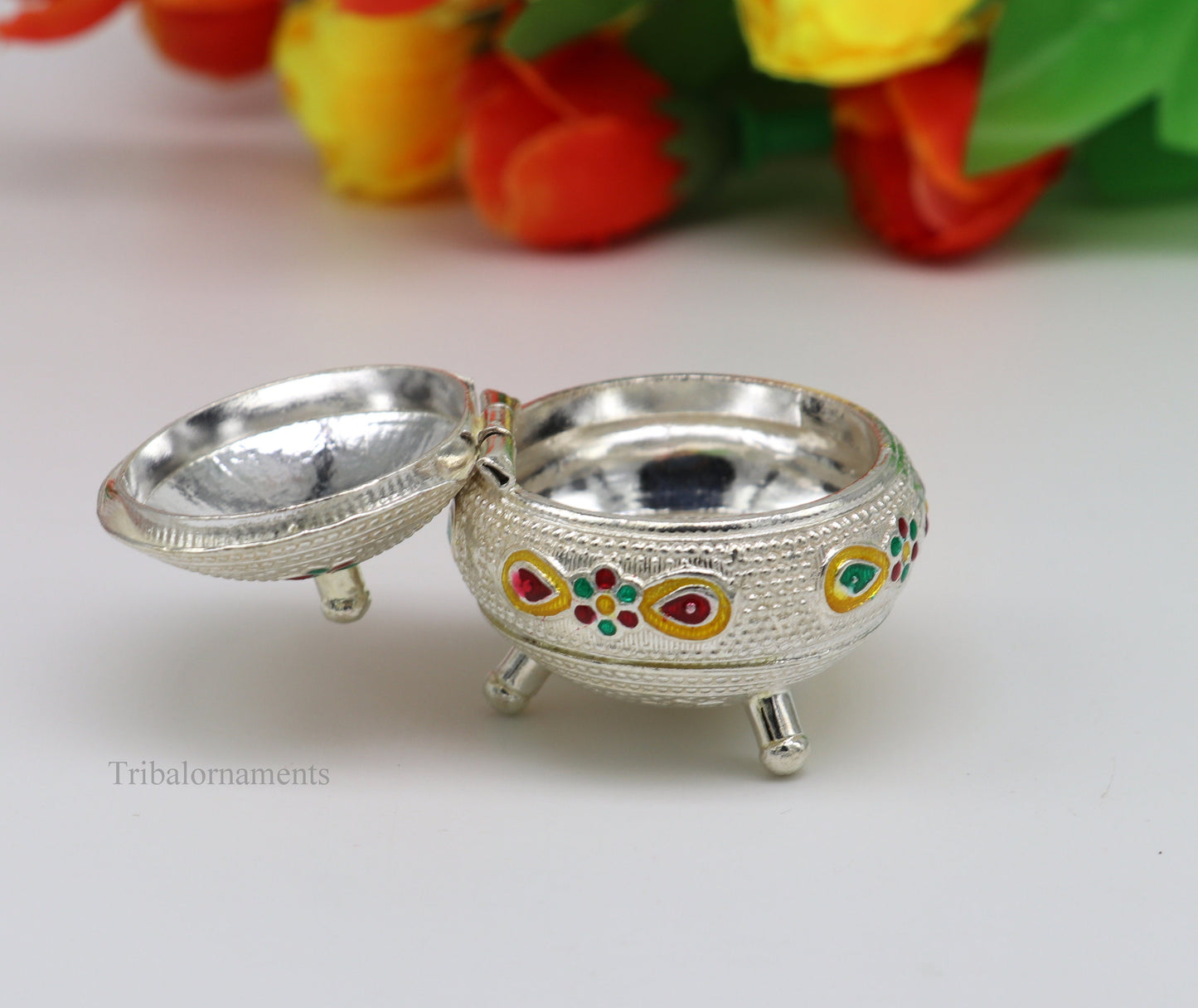 925 Sterling silver handmade fabulous trinket box, solid container box, casket box, sindoor box, enamel work customized gifting box stb186 - TRIBAL ORNAMENTS