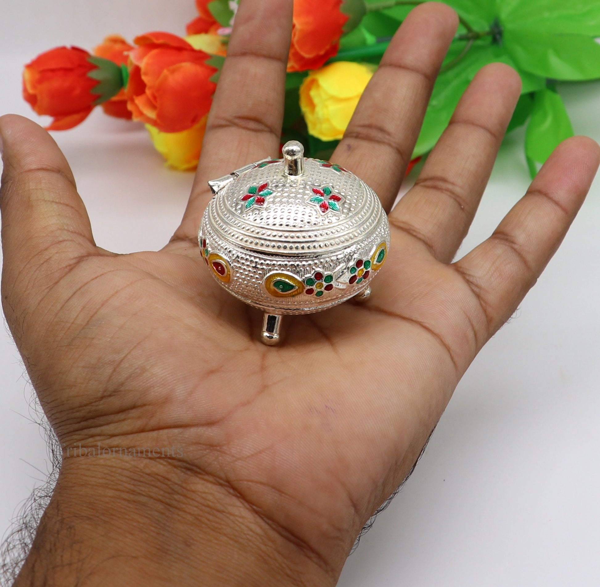 925 Sterling silver handmade fabulous trinket box, solid container box, casket box, sindoor box, enamel work customized gifting box stb186 - TRIBAL ORNAMENTS