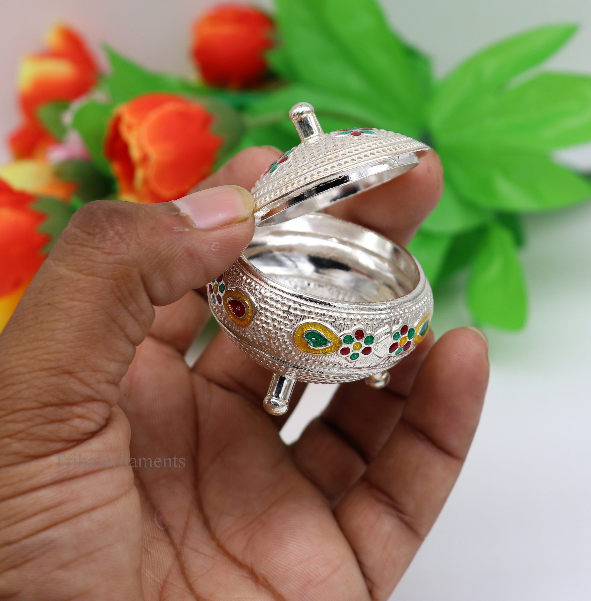 925 Sterling silver handmade fabulous trinket box, solid container box, casket box, sindoor box, enamel work customized gifting box stb186 - TRIBAL ORNAMENTS