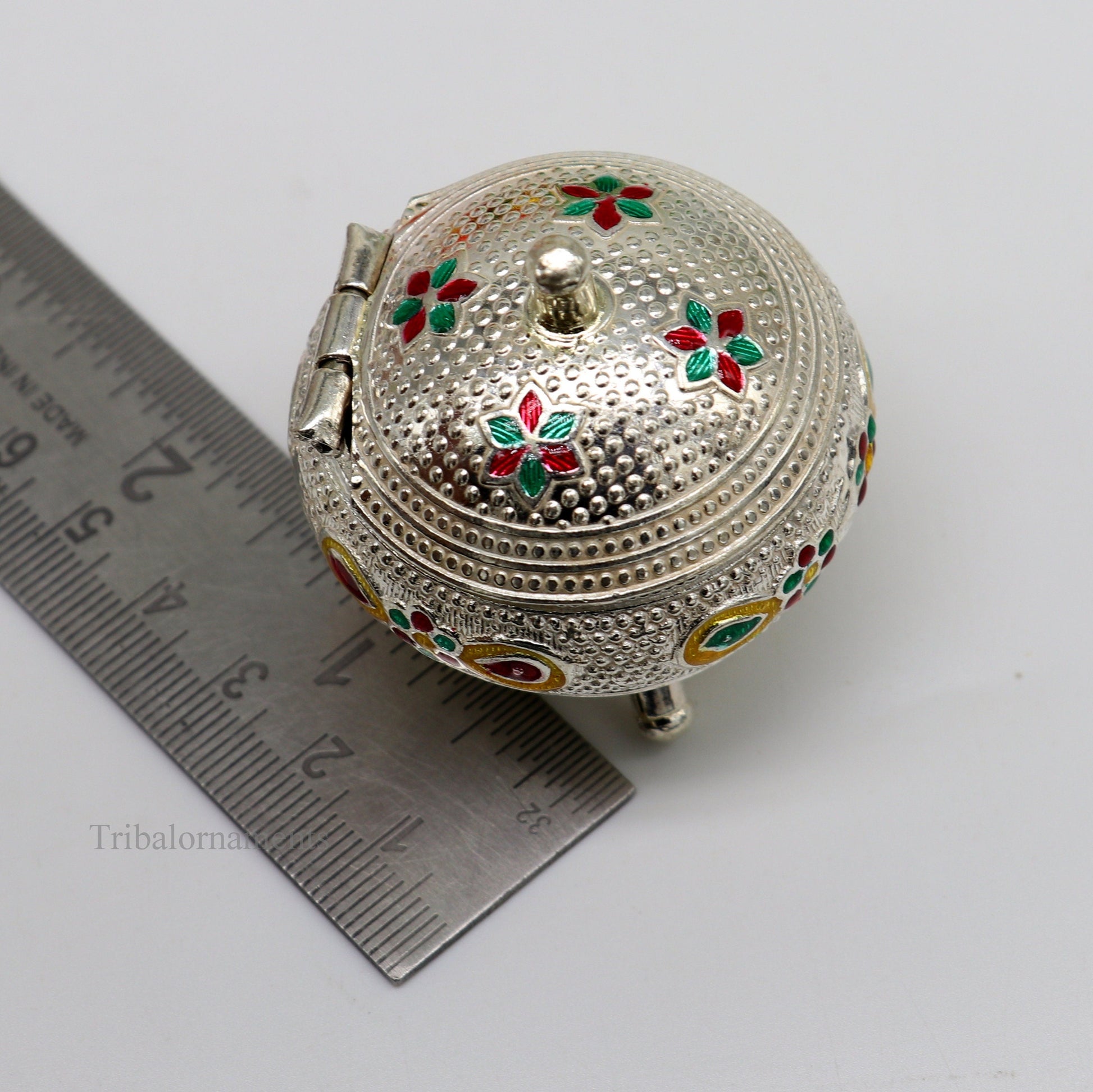 925 Sterling silver handmade fabulous trinket box, solid container box, casket box, sindoor box, enamel work customized gifting box stb186 - TRIBAL ORNAMENTS