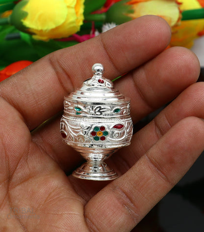 925 Sterling silver handmade fabulous trinket box, solid container box, casket box, sindoor box, enamel work customized gifting box stb273 - TRIBAL ORNAMENTS
