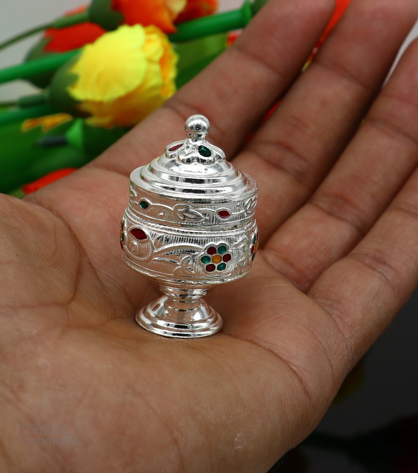 925 Sterling silver handmade fabulous trinket box, solid container box, casket box, sindoor box, enamel work customized gifting box stb273 - TRIBAL ORNAMENTS