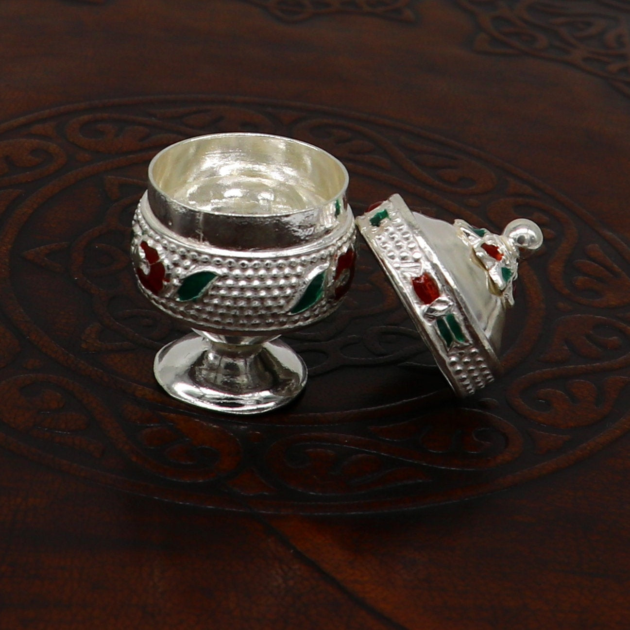 925 Sterling silver handmade fabulous trinket box, solid container box, casket box, sindoor box, enamel work customized gifting box stb91 - TRIBAL ORNAMENTS