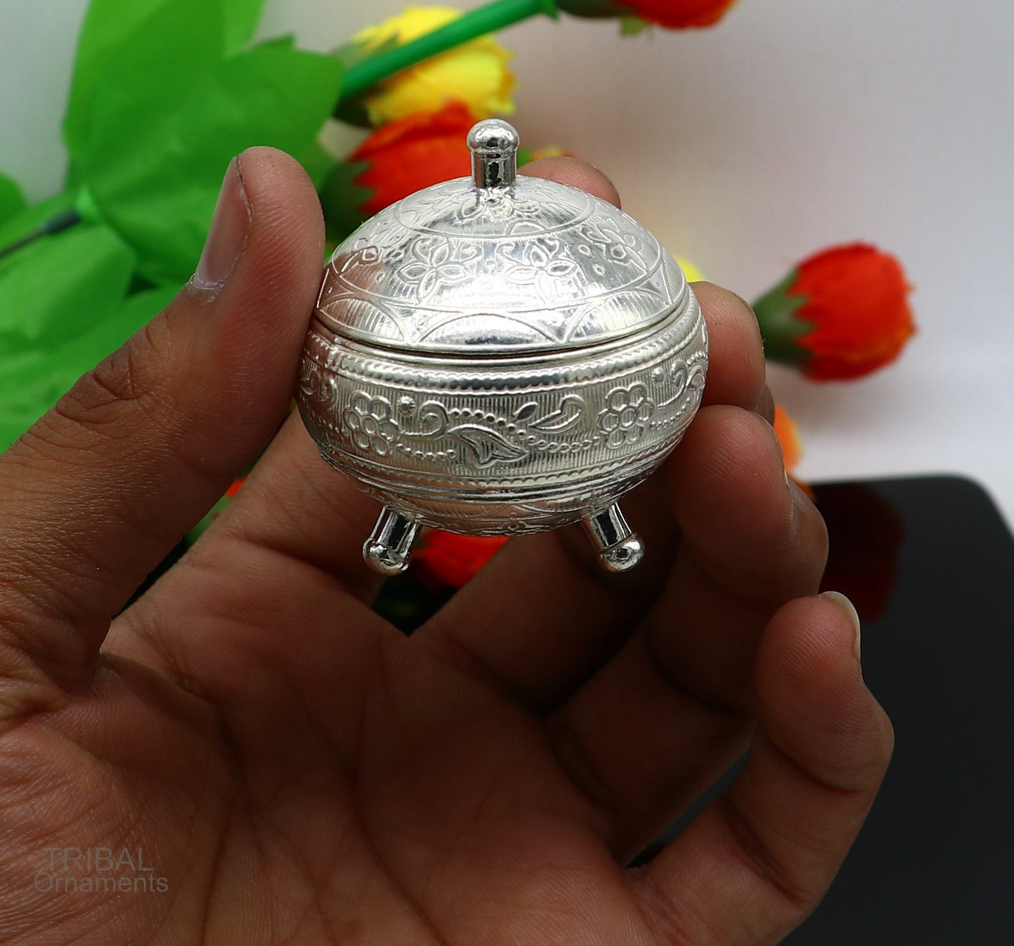 925 Sterling silver handmade fabulous trinket box, solid kumkum box, casket box, sindoor box, enamel work customized gifting box stb270 - TRIBAL ORNAMENTS
