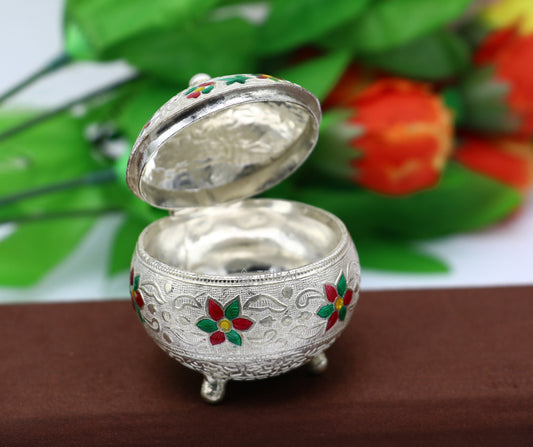 925 Sterling silver handmade fabulous trinket box, solid kumkum box, casket box, sindoor box, enamel work customized gifting box stb787 - TRIBAL ORNAMENTS