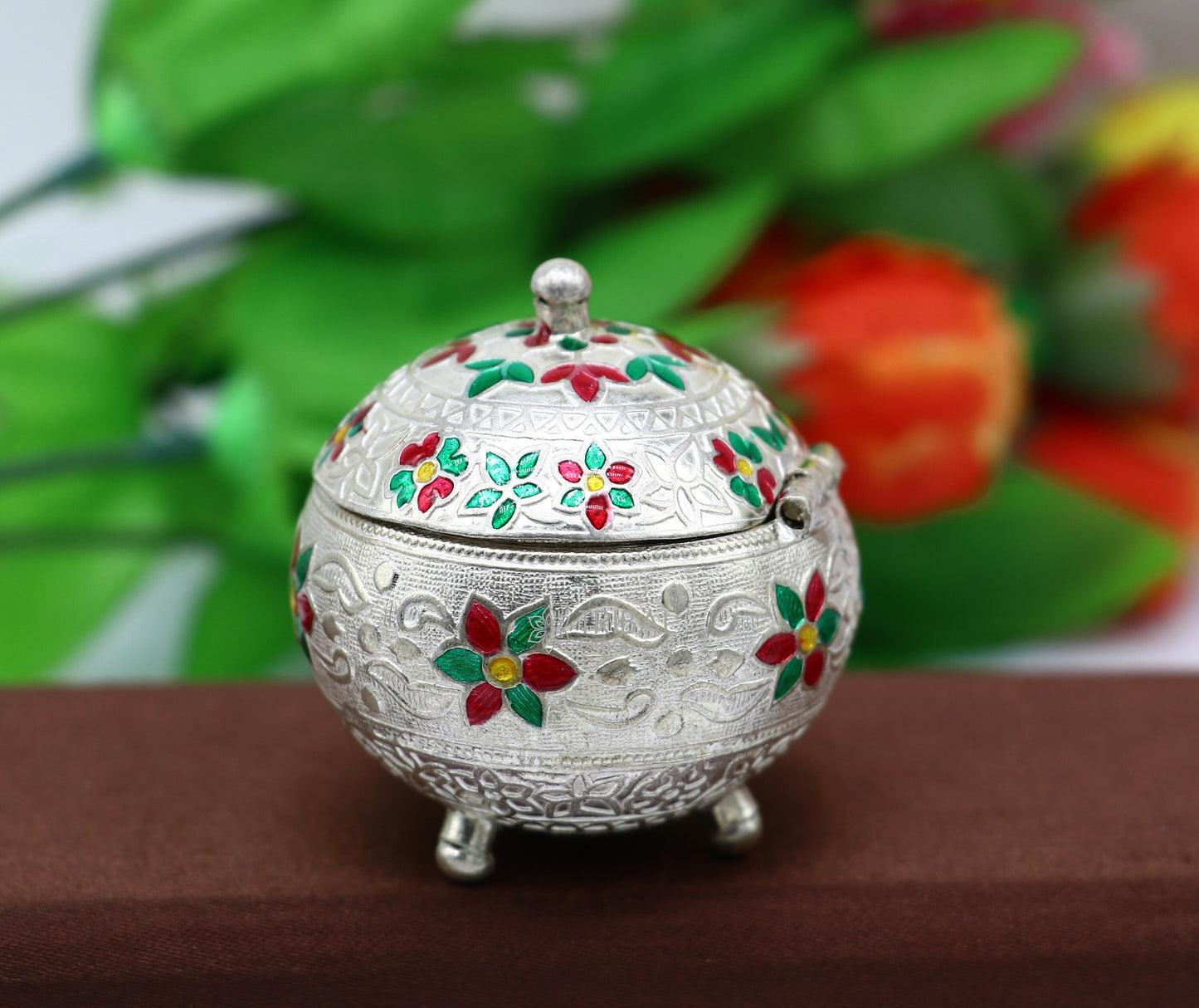 925 Sterling silver handmade fabulous trinket box, solid kumkum box, casket box, sindoor box, enamel work customized gifting box stb787 - TRIBAL ORNAMENTS