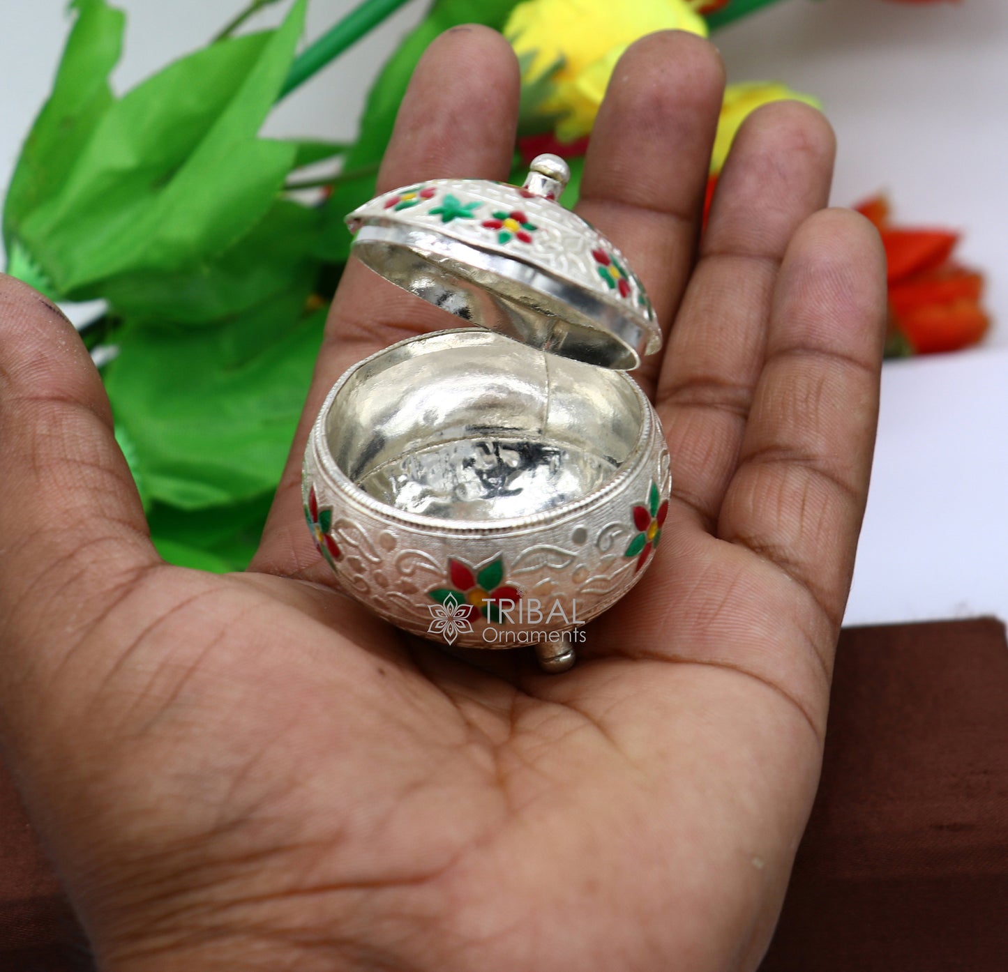 925 Sterling silver handmade fabulous trinket box, solid kumkum box, casket box, sindoor box, enamel work customized gifting box stb787 - TRIBAL ORNAMENTS