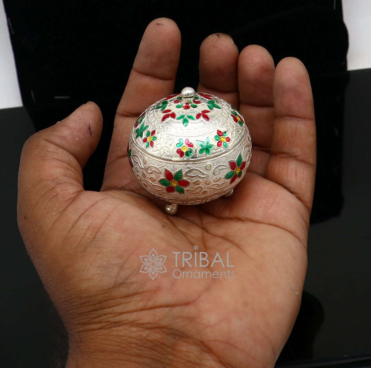 925 Sterling silver handmade fabulous trinket box, solid kumkum box, casket box, sindoor box, enamel work customized gifting box stb787 - TRIBAL ORNAMENTS