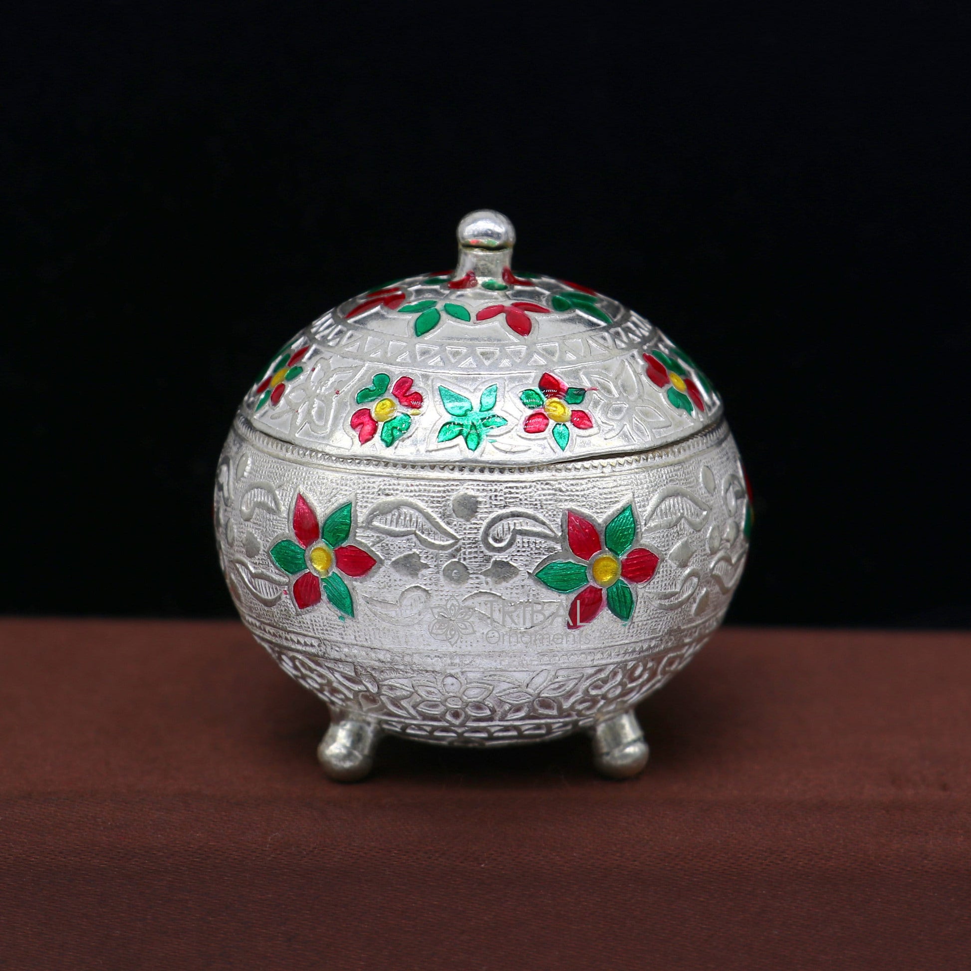 925 Sterling silver handmade fabulous trinket box, solid kumkum box, casket box, sindoor box, enamel work customized gifting box stb787 - TRIBAL ORNAMENTS