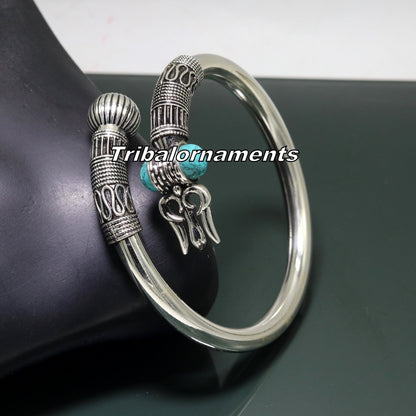 Sterling silver Shiva bangle cuff with turquoise stone, unisex tribal jewelry, handcrafted by TRIBAL ORNAMENTS.