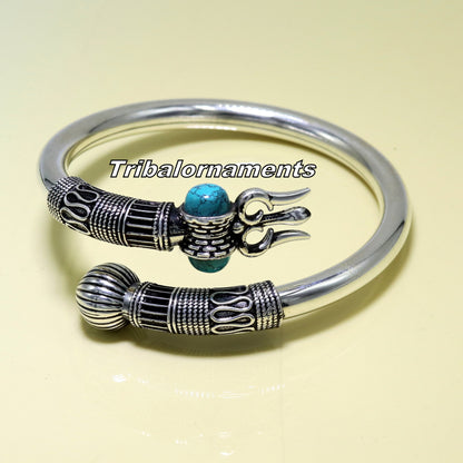 925 Sterling Silver turquoise stone Shiva bangle cuff from TRIBAL ORNAMENTS, featuring intricate handmade unisex jewelry design.