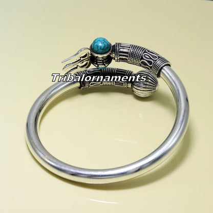 925 sterling silver turquoise stone Shiva bangle cuff bracelet by TRIBAL ORNAMENTS, unisex handmade jewelry with intricate design.