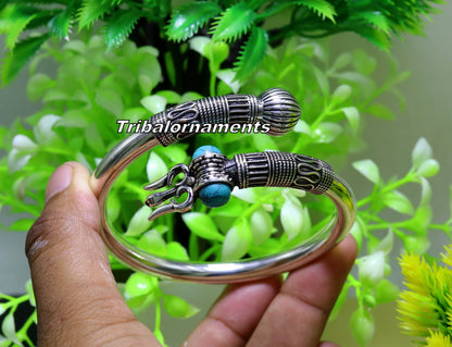 Sterling silver turquoise stone Shiva bangle cuff bracelet, handmade unisex jewelry with intricate tribal design by TRIBAL ORNAMENTS.
