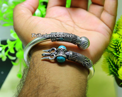 925 sterling silver Shiva bangle cuff bracelet with turquoise stone, handcrafted unisex jewelry by TRIBAL ORNAMENTS.