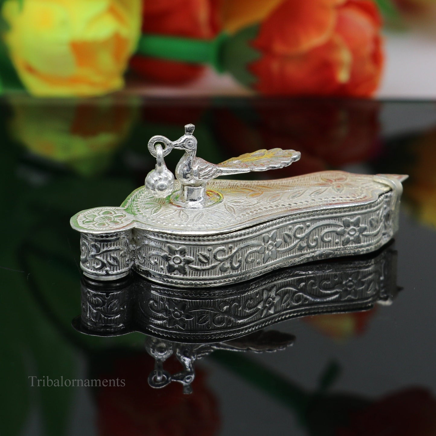 925 sterling silver handmade fabulous unique design peacock trinket box, brides gift, casket box silver article, silver utensils stb161 - TRIBAL ORNAMENTS