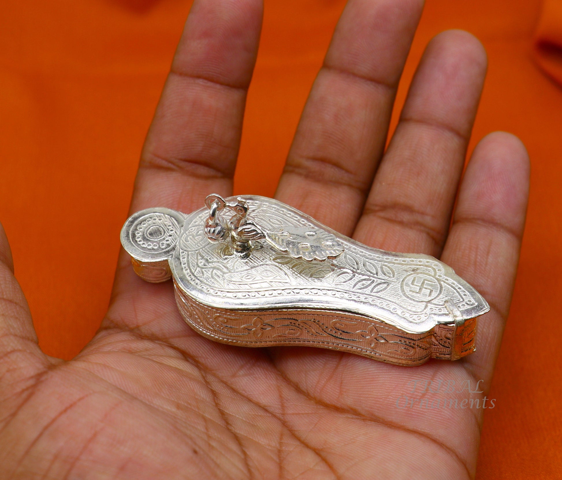 925 sterling silver handmade peacock design trinket box, decorative casket or Sindur box with intricate details by Tribal Ornaments.