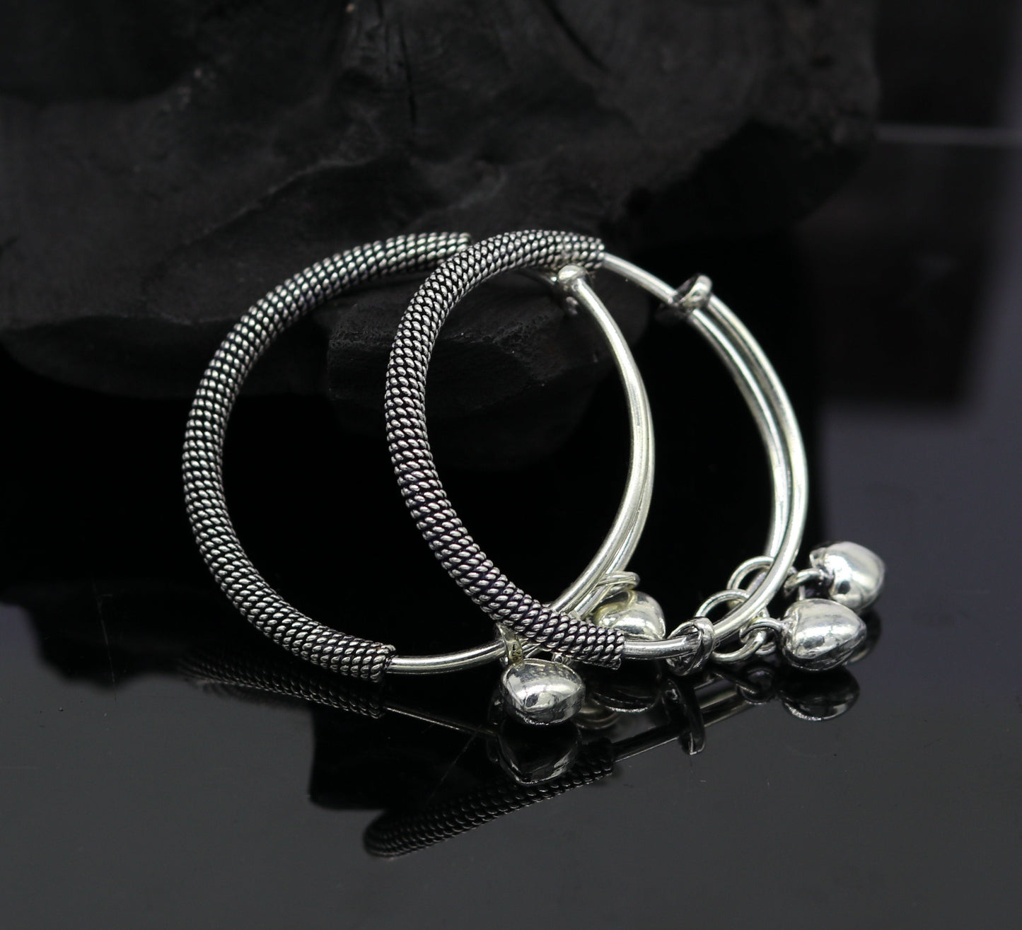 925 sterling silver handmade fancy adjustable baby bangle kada bracelet, fabulous heart shape hangings charm bangles unisex kids bbk70 - TRIBAL ORNAMENTS