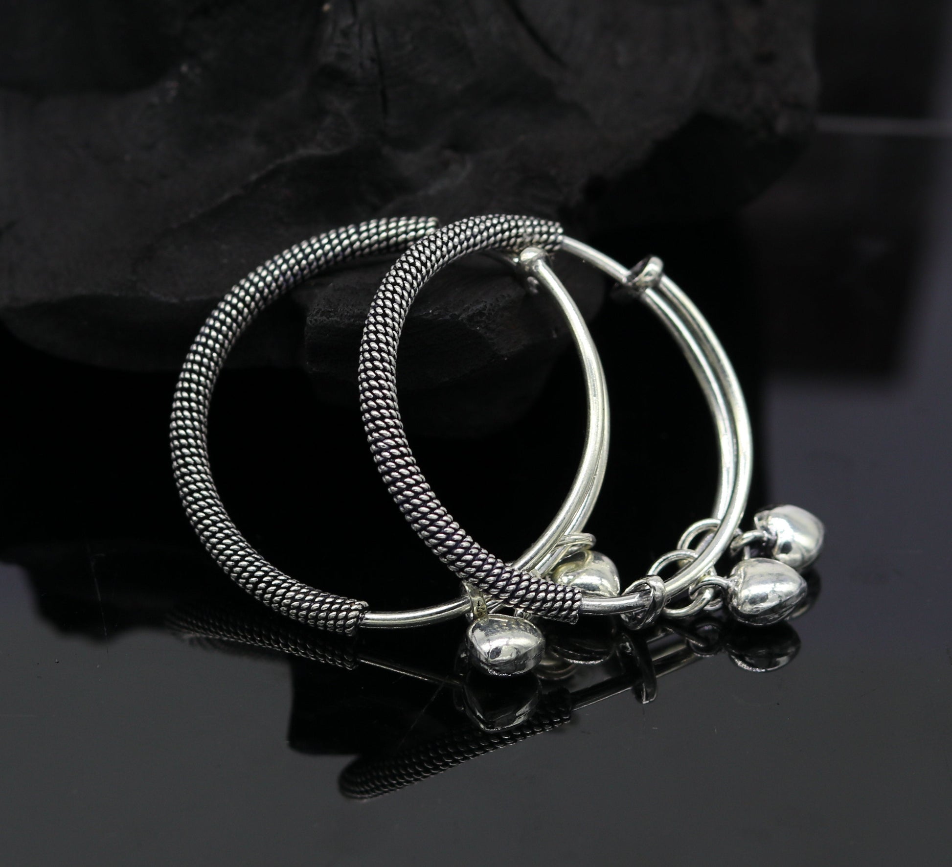 925 sterling silver handmade fancy adjustable baby bangle kada bracelet, fabulous heart shape hangings charm bangles unisex kids bbk70 - TRIBAL ORNAMENTS