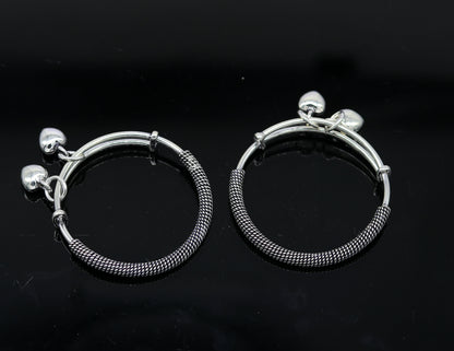 925 sterling silver handmade fancy adjustable baby bangle kada bracelet, fabulous heart shape hangings charm bangles unisex kids bbk70 - TRIBAL ORNAMENTS