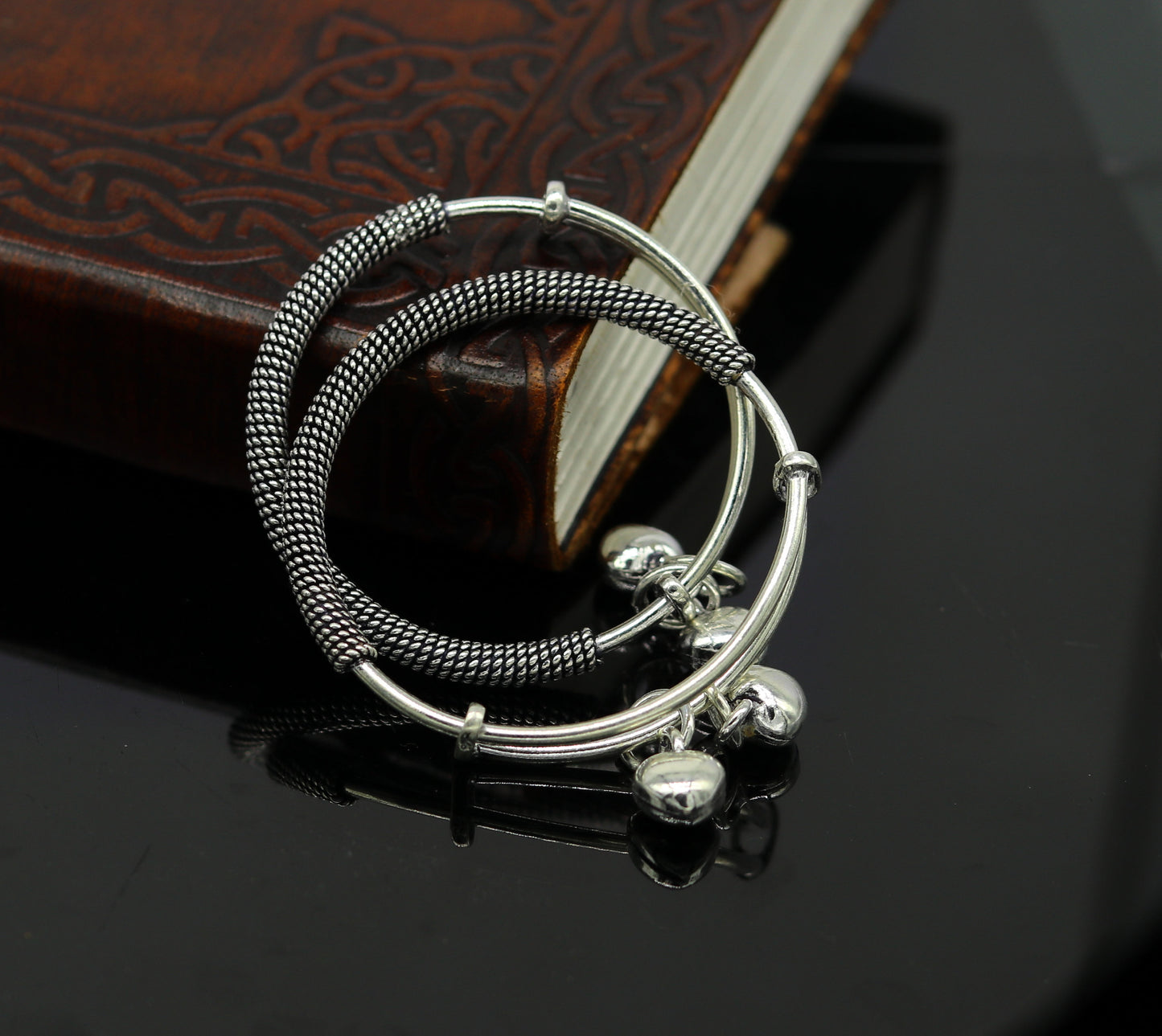 925 sterling silver handmade fancy adjustable baby bangle kada bracelet, fabulous heart shape hangings charm bangles unisex kids bbk70 - TRIBAL ORNAMENTS