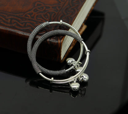 925 sterling silver handmade fancy adjustable baby bangle kada bracelet, fabulous heart shape hangings charm bangles unisex kids bbk70 - TRIBAL ORNAMENTS