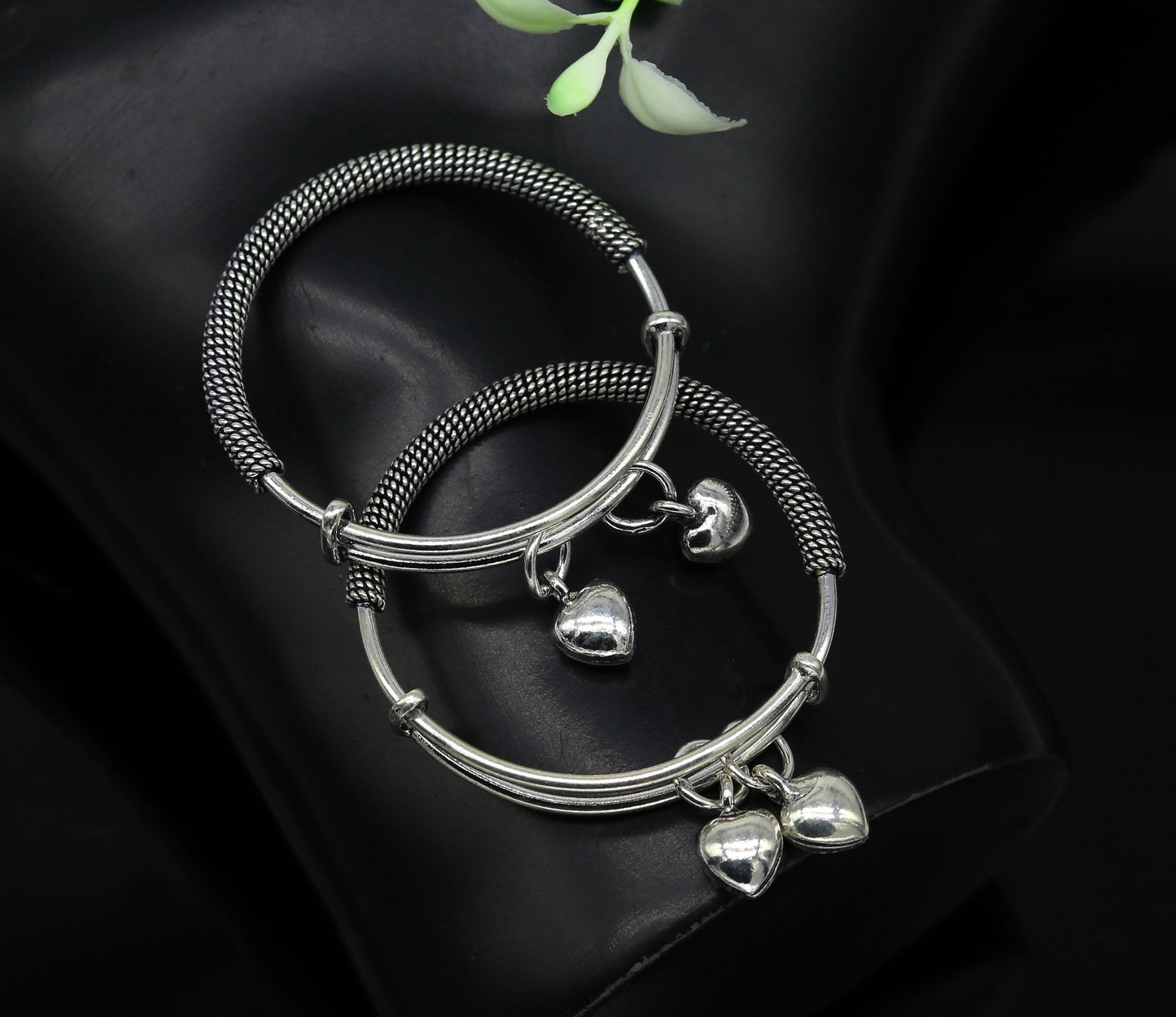 925 sterling silver handmade fancy adjustable baby bangle kada bracelet, fabulous heart shape hangings charm bangles unisex kids bbk70 - TRIBAL ORNAMENTS