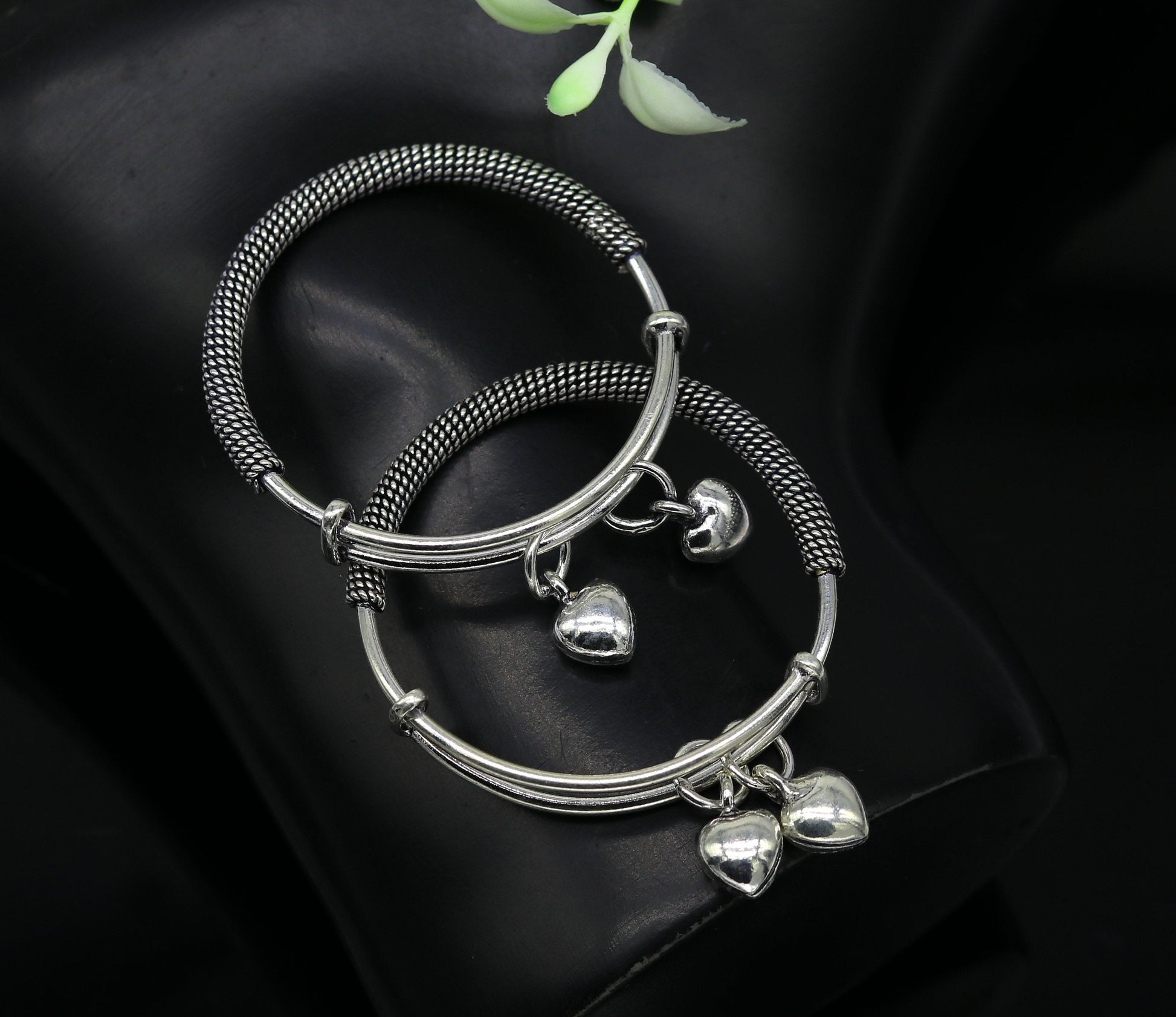 925 sterling silver handmade fancy adjustable baby bangle kada bracelet, fabulous heart shape hangings charm bangles unisex kids bbk70 - TRIBAL ORNAMENTS