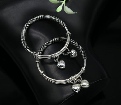 925 sterling silver handmade fancy adjustable baby bangle kada bracelet, fabulous heart shape hangings charm bangles unisex kids bbk70 - TRIBAL ORNAMENTS