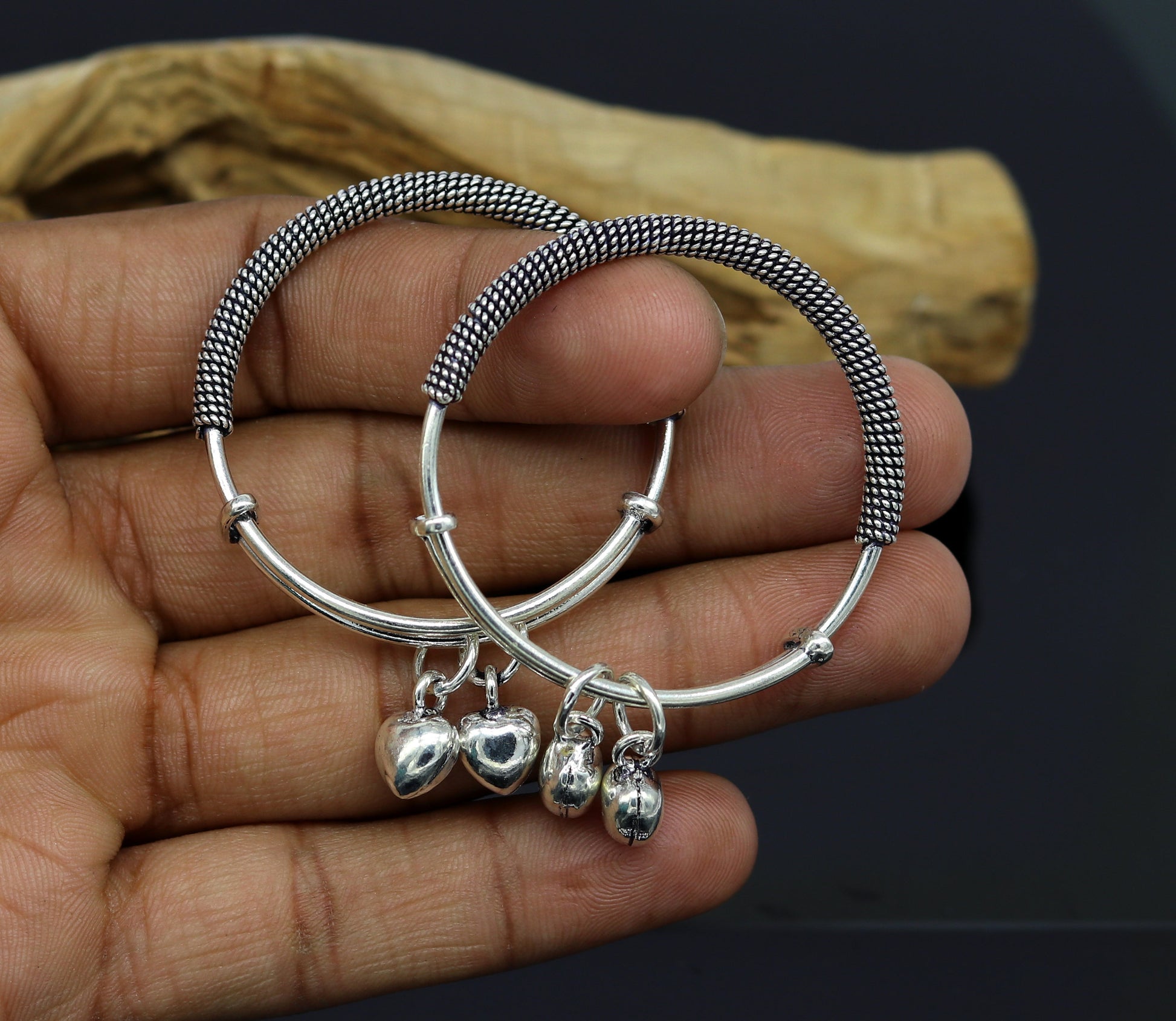 925 sterling silver handmade fancy adjustable baby bangle kada bracelet, fabulous heart shape hangings charm bangles unisex kids bbk70 - TRIBAL ORNAMENTS
