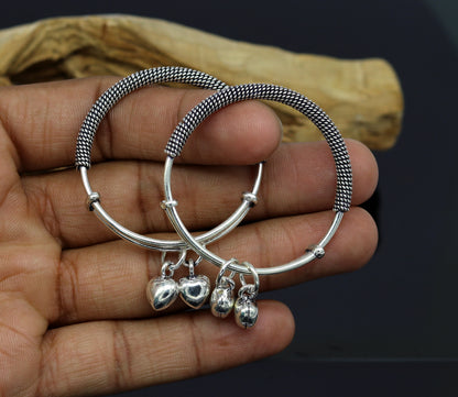 925 sterling silver handmade fancy adjustable baby bangle kada bracelet, fabulous heart shape hangings charm bangles unisex kids bbk70 - TRIBAL ORNAMENTS