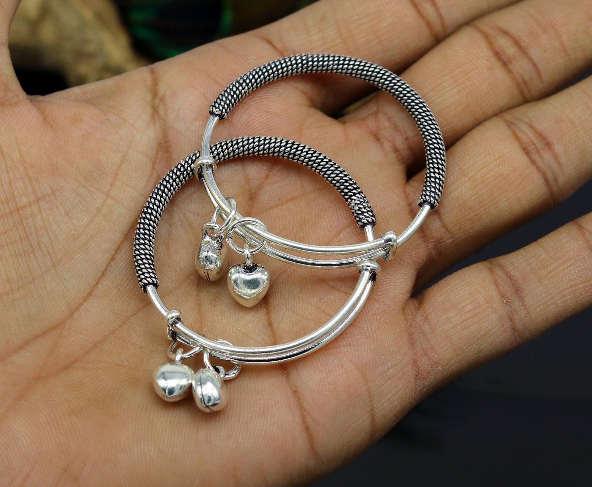 925 sterling silver handmade fancy adjustable baby bangle kada bracelet, fabulous heart shape hangings charm bangles unisex kids bbk70 - TRIBAL ORNAMENTS