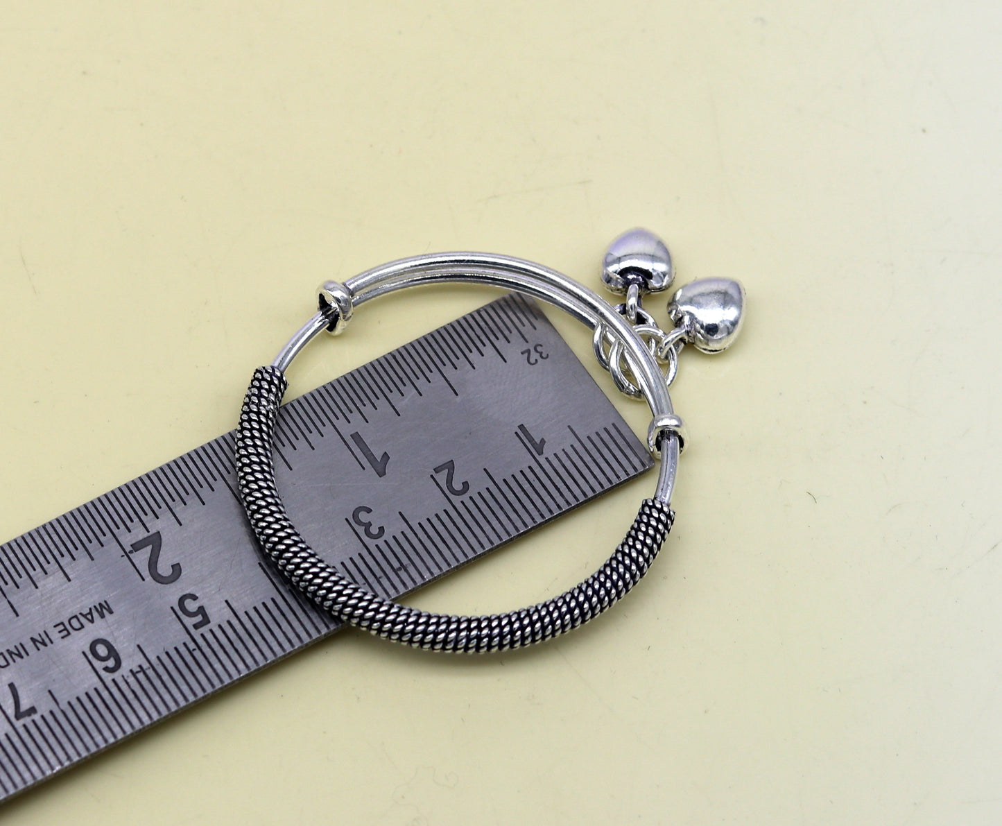 925 sterling silver handmade fancy adjustable baby bangle kada bracelet, fabulous heart shape hangings charm bangles unisex kids bbk70 - TRIBAL ORNAMENTS