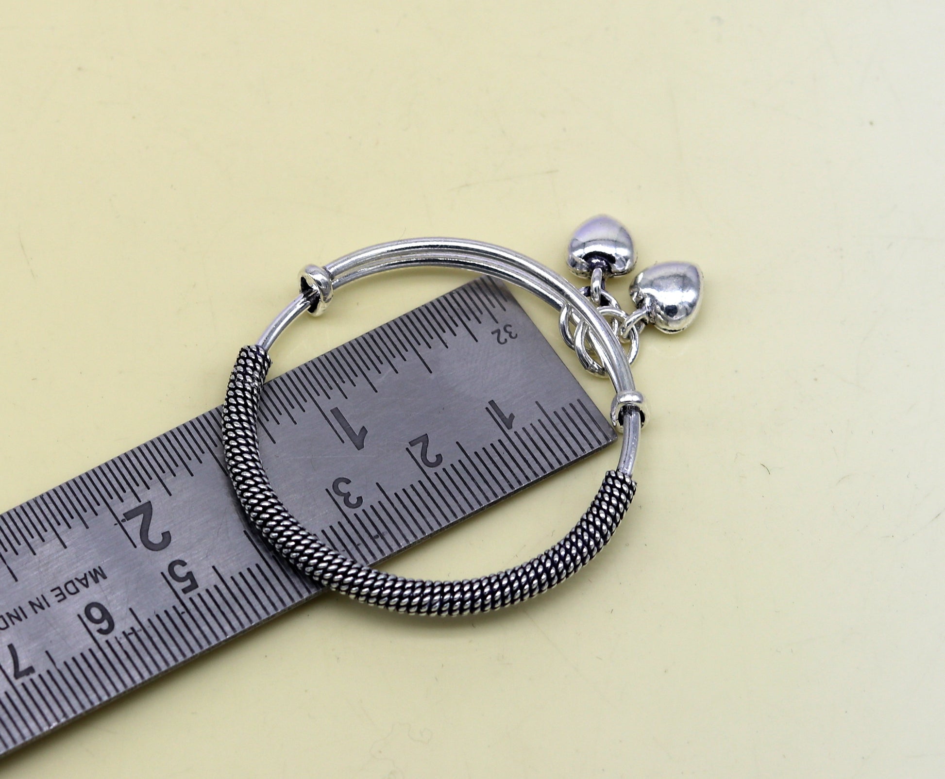 925 sterling silver handmade fancy adjustable baby bangle kada bracelet, fabulous heart shape hangings charm bangles unisex kids bbk70 - TRIBAL ORNAMENTS