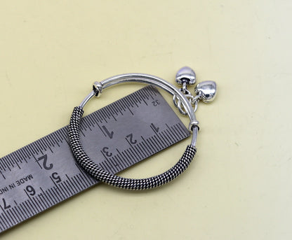 925 sterling silver handmade fancy adjustable baby bangle kada bracelet, fabulous heart shape hangings charm bangles unisex kids bbk70 - TRIBAL ORNAMENTS