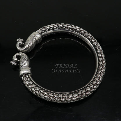 Sterling silver handmade vintage peacock bangle bracelet with tribal design, unisex, customizable, fashionable hip-hop jewelry.