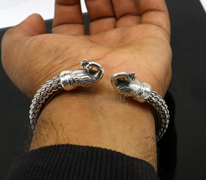 Sterling silver handmade vintage peacock design bangle bracelet, unisex, customized tribal jewelry with hip-hop style from TRIBAL ORNAMENTS.