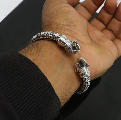 Sterling silver handmade vintage peacock design bangle bracelet, unisex tribal jewelry with personalized hip-hop style from TRIBAL ORNAMENTS.