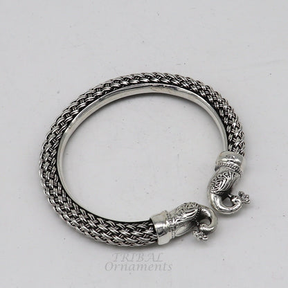 Sterling silver handmade vintage peacock design bangle bracelet by TRIBAL ORNAMENTS, unisex customizable hip-hop jewelry.