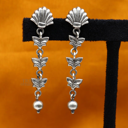 Sterling silver handmade floral drop dangle earrings by TRIBAL ORNAMENTS, lightweight and fancy for brides and girls.