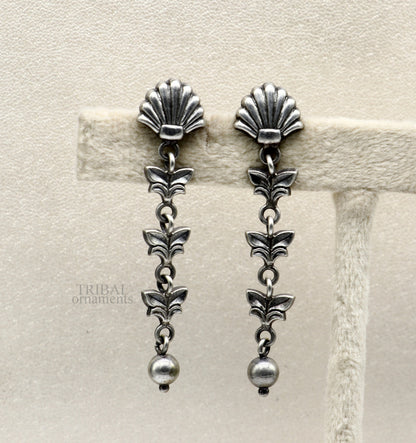 Sterling silver handmade floral drop dangle earrings from India, lightweight and elegant jewelry for girls and brides.