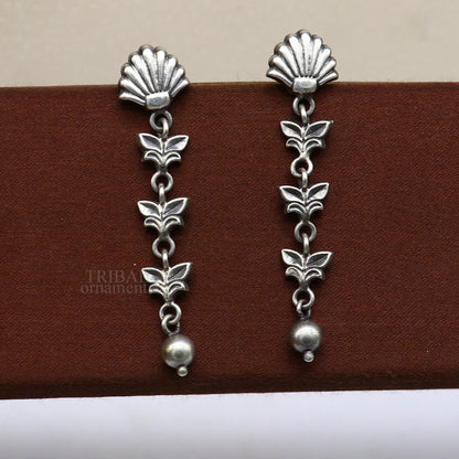 Sterling silver handmade floral drop dangle earrings by Tribal Ornaments, lightweight and fancy jewelry for brides and girls.