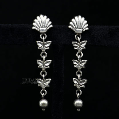 Handmade 925 sterling silver floral drop dangle earrings with a lightweight, fancy design for girls and brides from India.