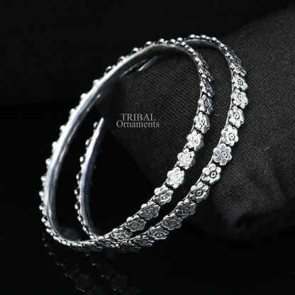 925 sterling silver floral bangle bracelet by TRIBAL ORNAMENTS featuring intricate handmade floral design for brides and gifting.